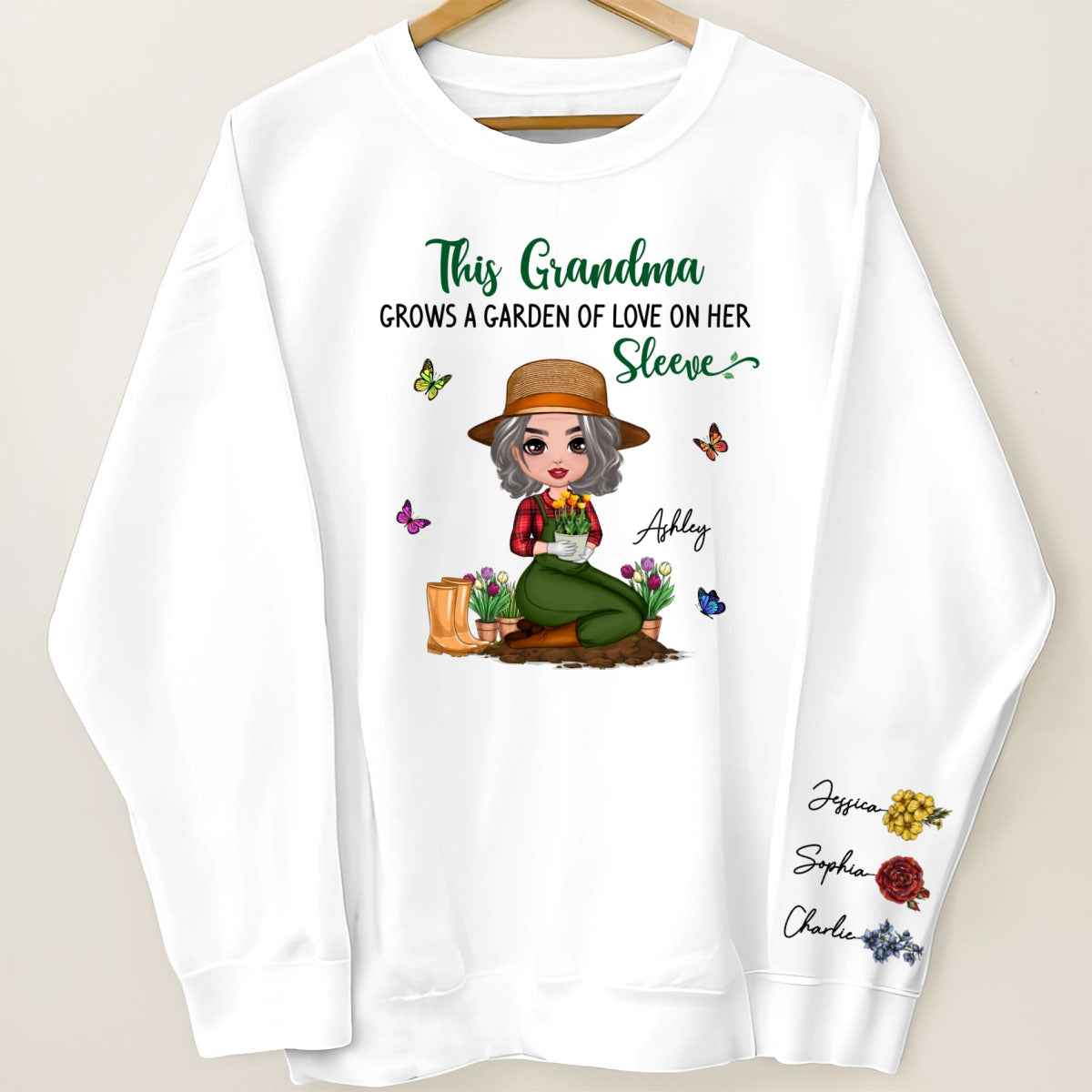 This Grandma Grows A Garden Of Love On Her Sleeve Vintage Birth Flower Personalized Sleeve Printed Sweatshirt