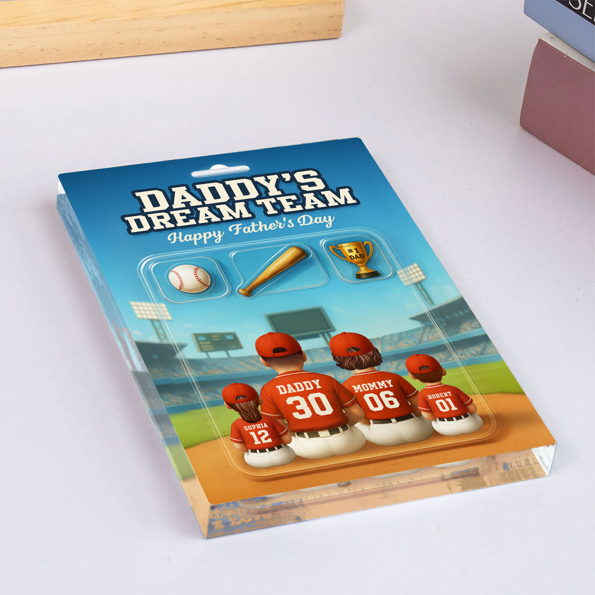 3D Effect Custom Figure Baseball Family Daddy's Dream Team Personalized Flat Acrylic Block Plaque, Unique Father's Day Gift For Dad, Husband