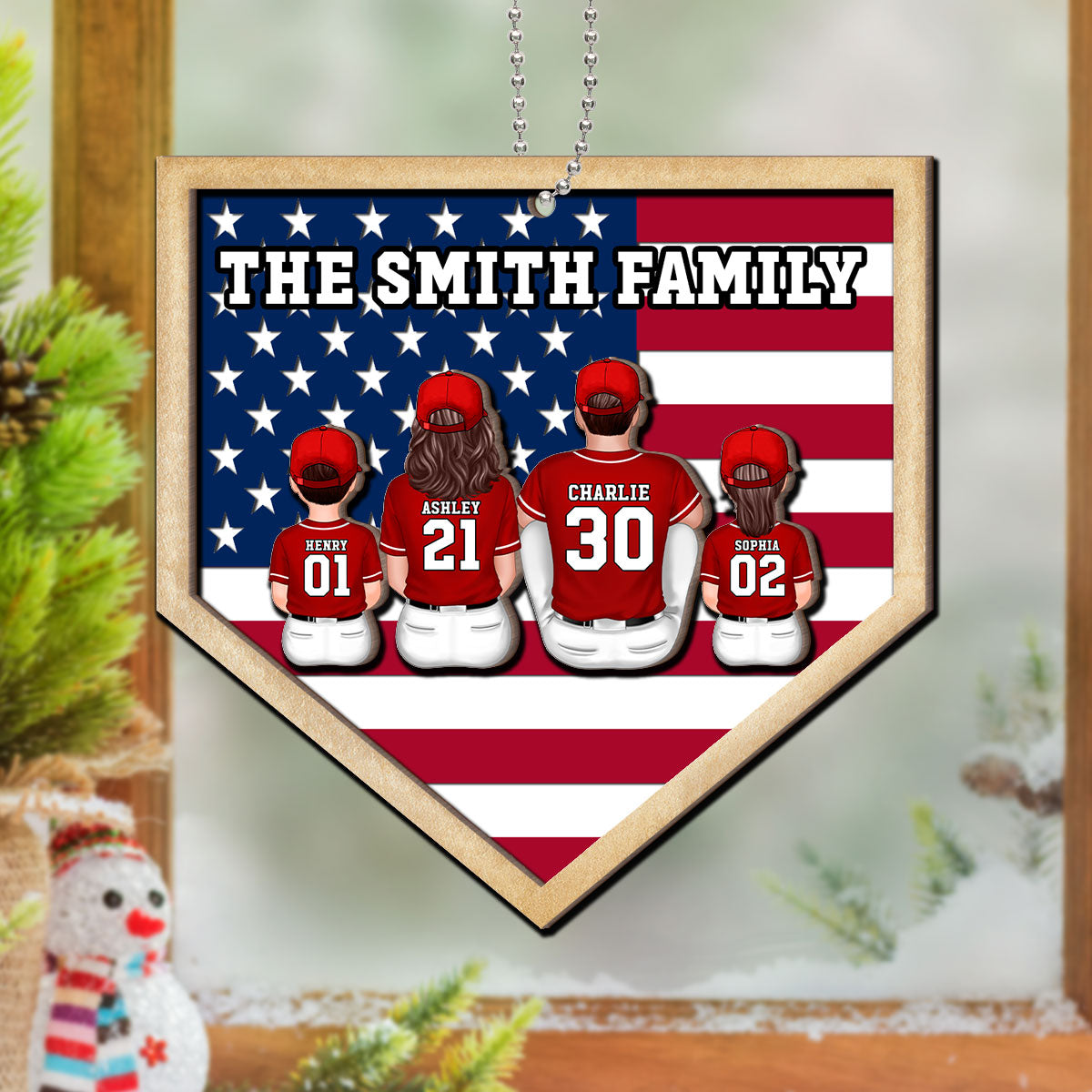 Baseball Family Sitting Personalized 2-Layer Wooden Ornament