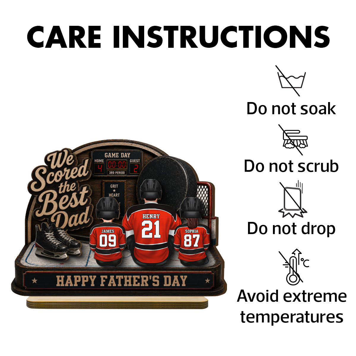 Hockey Dad & Kids Sitting On Court 2D Flat - Personalized 2-Layered Wooden Plaque - Father's Day Gift For Hockey Dad