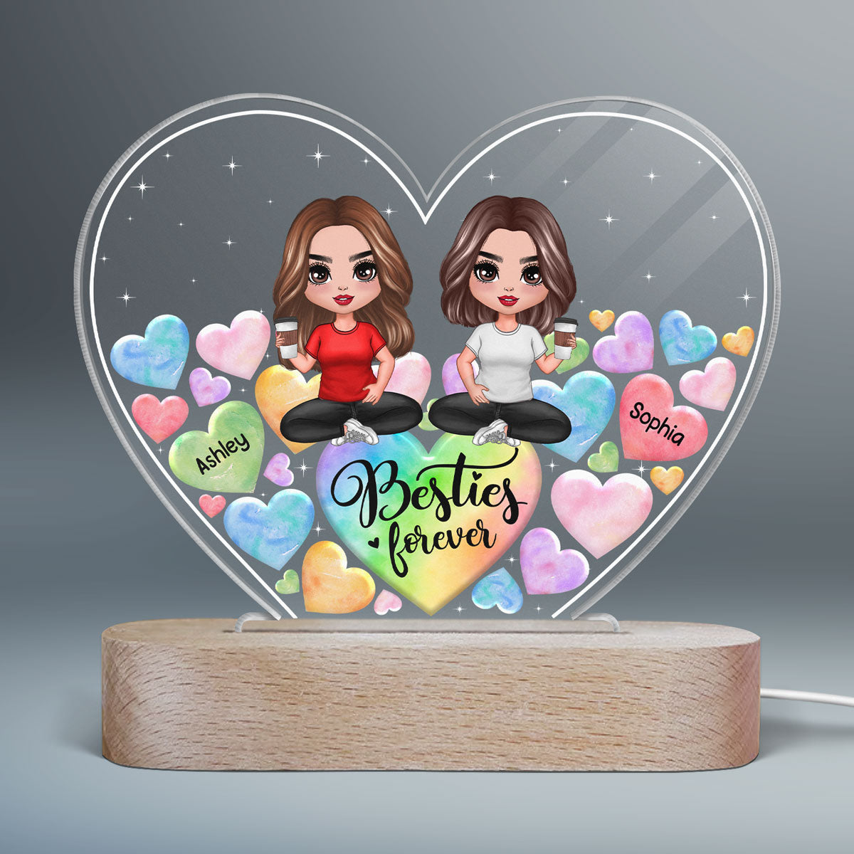 Doll Besties Sitting Hearts In Hearts Personalized Heart Acrylic Plaque LED Night Light