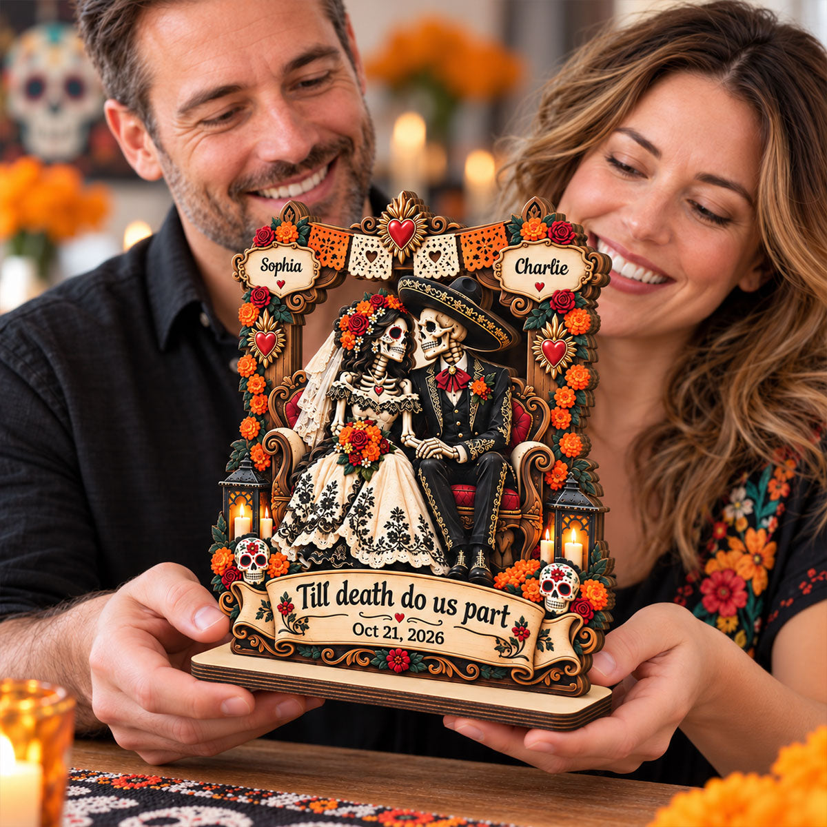 Skeleton Couple Till Death Do Us Part 2D Flat - Personalized 2-Layered Wooden Plaque - Skull Decor Wedding Gift for Couple, Gothic Home Decor, Dia de los Muertos, Day of the Dead Gift