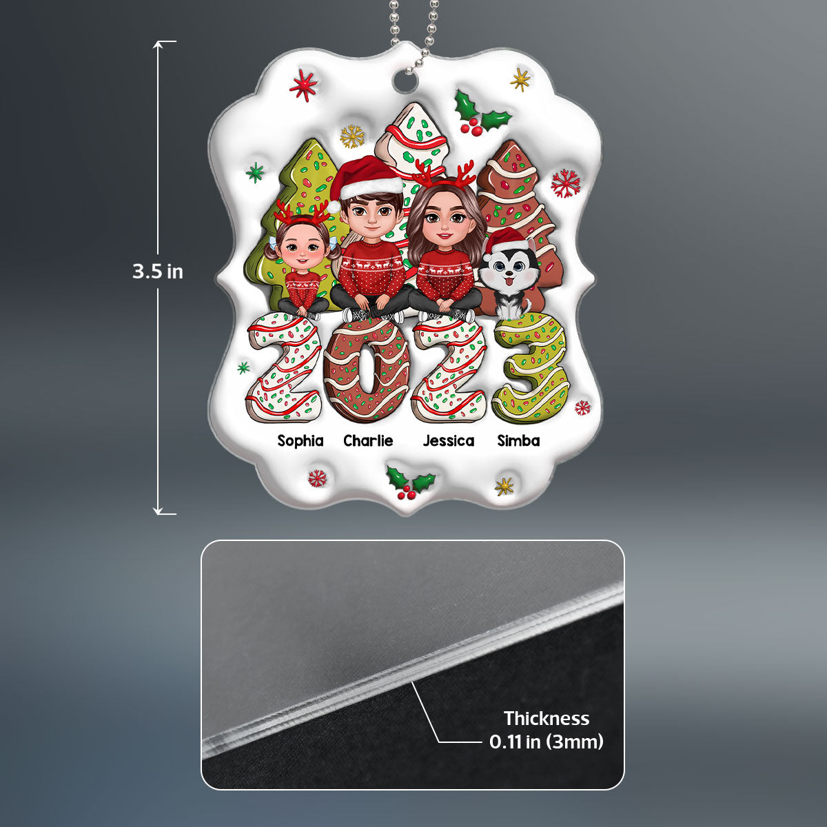 3D Family Crossed Legs Sitting Christmas Tree Cake Patterned Personalized Acrylic Ornament