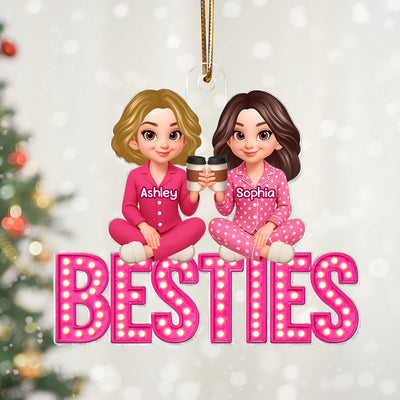 Pink Marquee Besties Sisters Sitting On Text Personalized Acrylic Ornament