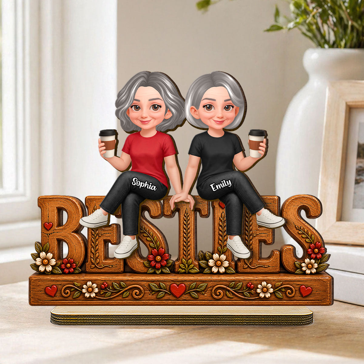 Floral Besties Forever Friends Forever - Personalized 2-Layered Wooden Plaque - Birthday Gift, Gift For Best Friends