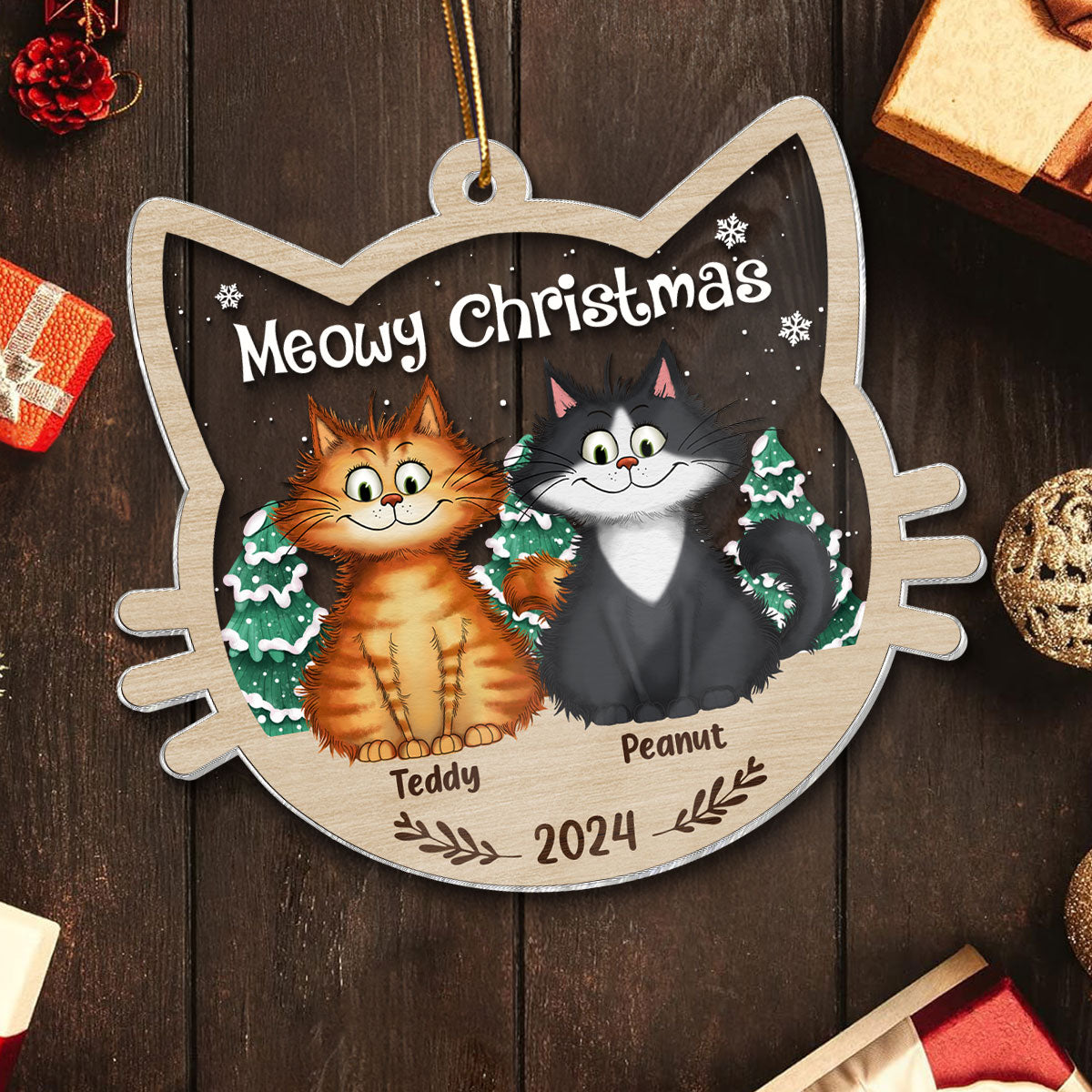Meowy Christmas Quirky Cats Personalized Cat Face Shaped Acrylic Ornament