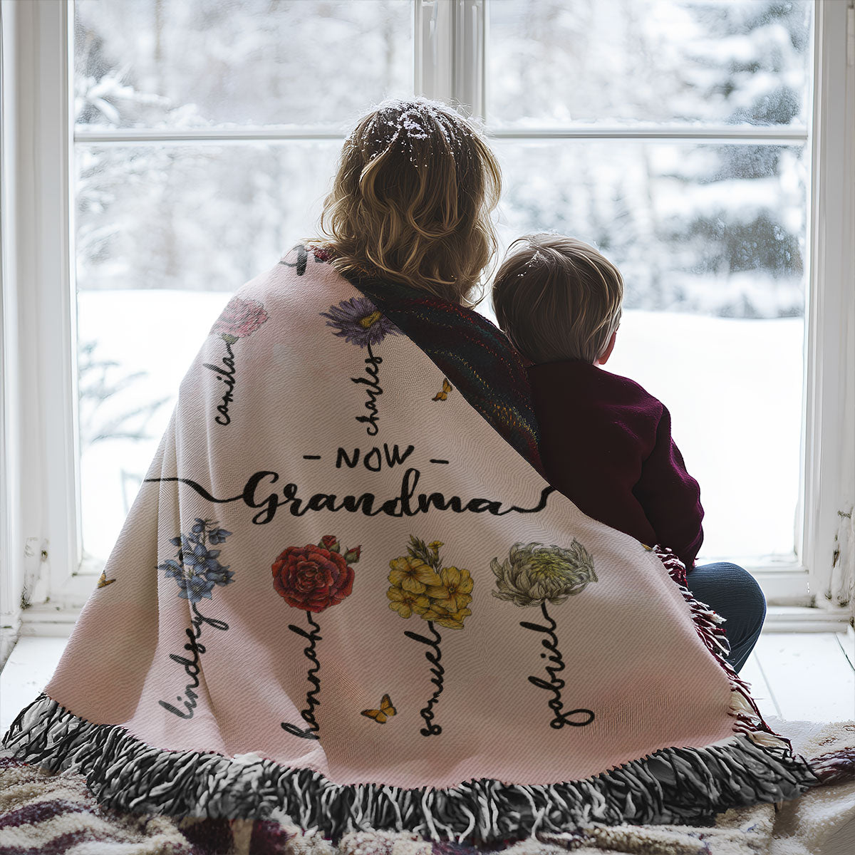 First Mom Now Grandma Birth Flower Personalized Tapestry Woven Blanket, Heartfelt Gift For Grandma