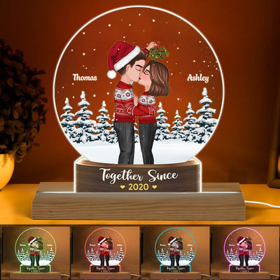 Couple Kissing Under Mistletoe Snow Globe Personalized Acrylic Custom Shape LED Night Light