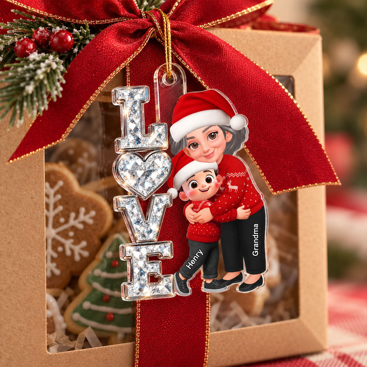 Grandma Hugging Grandkid LOVE Sparkle 2D Flat - Personalized Acrylic Ornament - Christmas Gift For Grandma, Granddaughter, Grandson