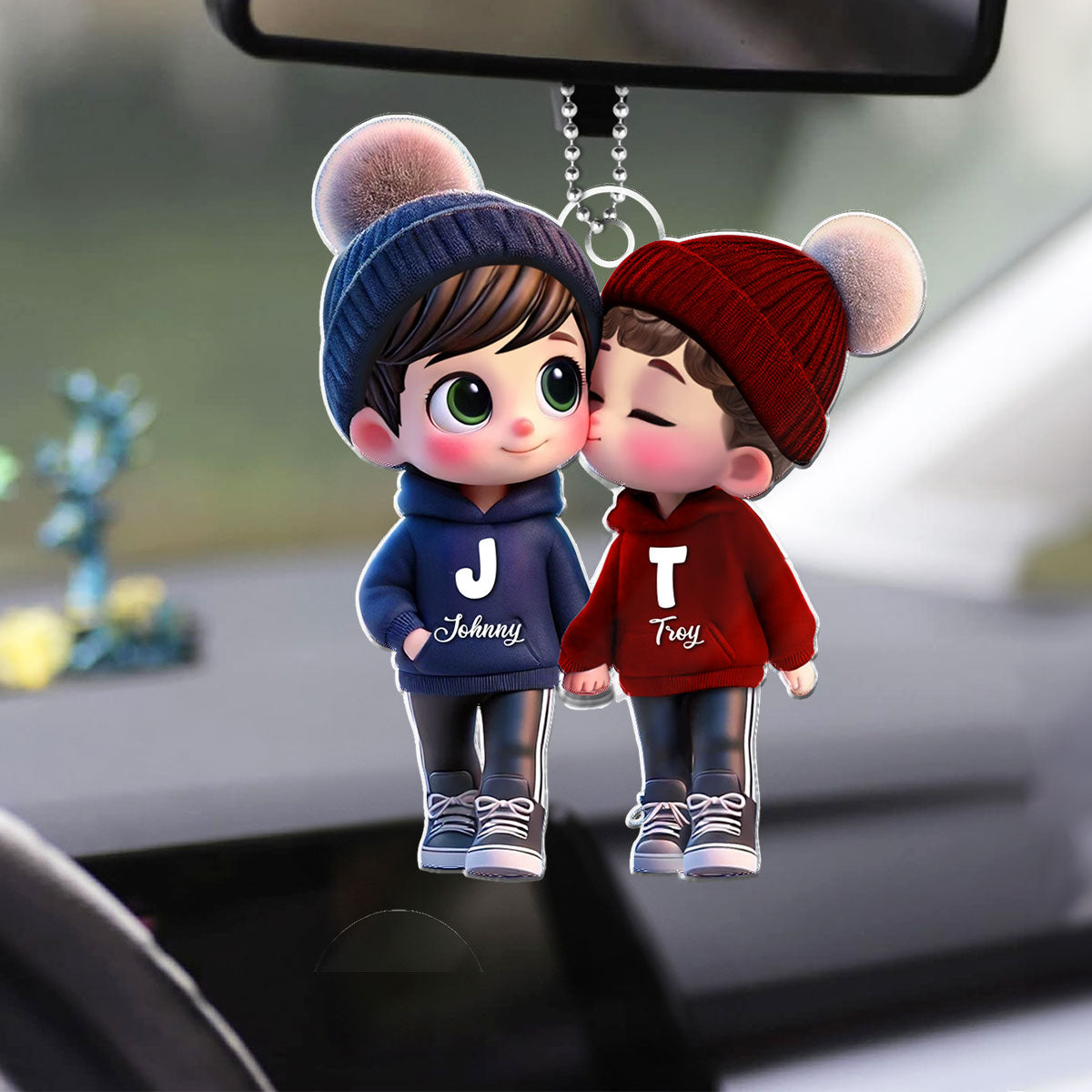 3D Effect Cute LGBTQ Cartoon Couple Summer Vibe Personalized Acrylic Car Ornament, Pride Month Gift