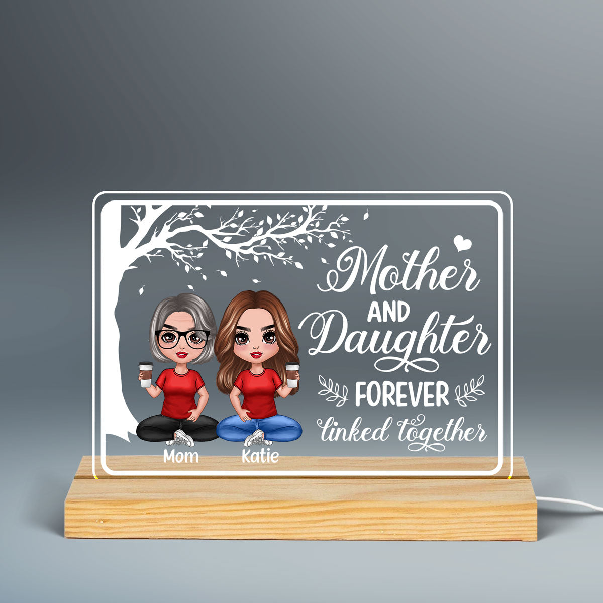 Doll Mom And Daughters Sitting Under Tree Personalized Custom Shape Acrylic Plaque LED Night Light
