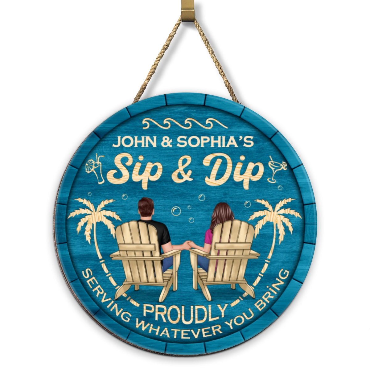 Sip & Dip Couple Sitting Personalized Wood Sign