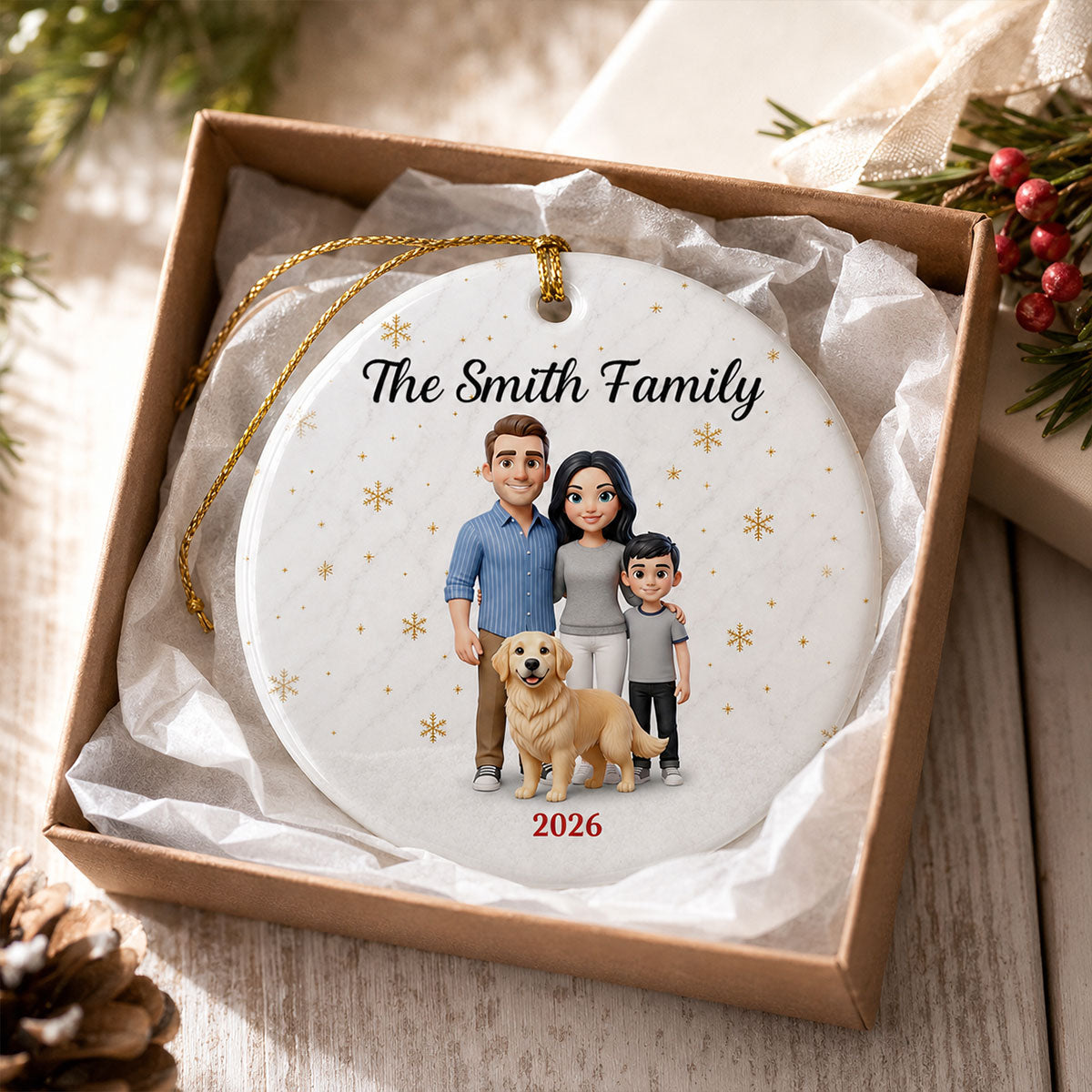 Cartoon Family Portrait From Photo 2D Flat - Personalized Ceramic Ornament - Christmas Keepsake