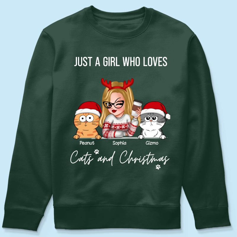 Just A Girl Who Loves Christmas And Her Cats Personalized Shirt, Christmas Sweater for Cat Lovers, Cat Mom