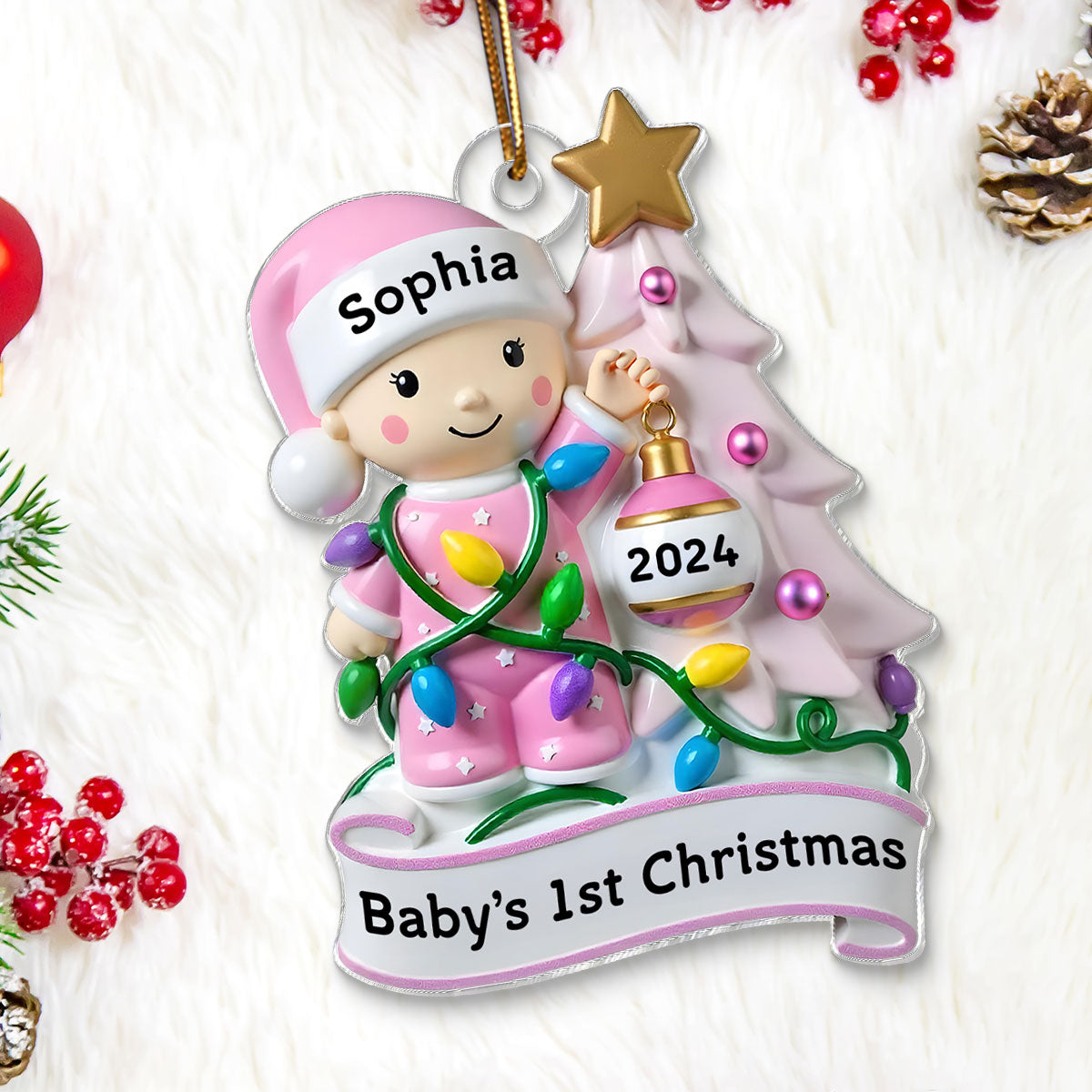 Baby Beside Christmas Tree 3D Effect Baby's First Christmas Personalized Acrylic Flat Ornament