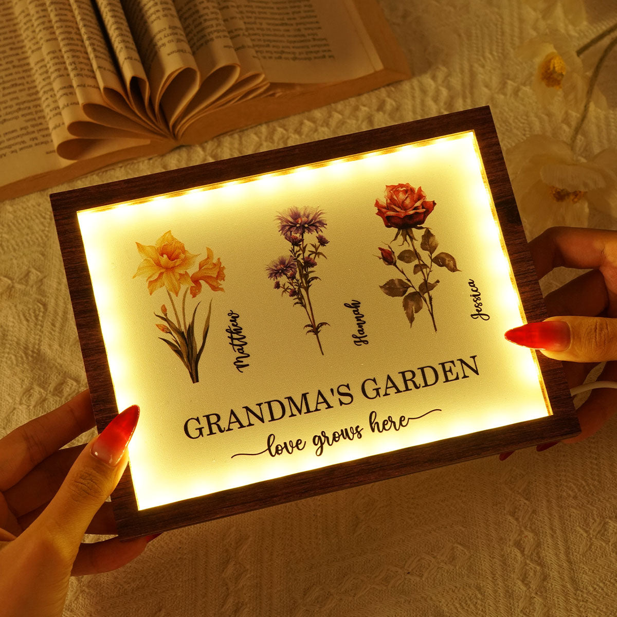 Grandma's Garden Love Grows Here Birth Month Flower Personalized 2-Layered Wooden Plaque with LED, Heartfelt Mother's day gift for Grandma, Mom