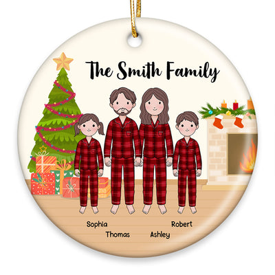 Simple Cartoon Family Dad Mom Kid Dog Cat Personalized Circle Ornament