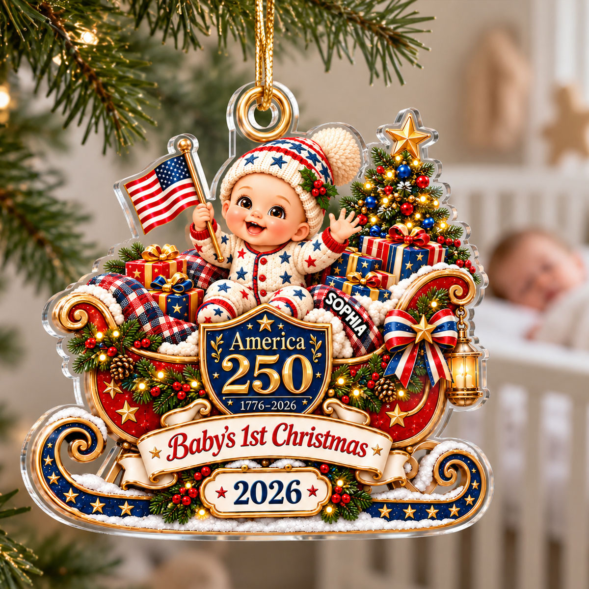 Baby On Sleigh Baby's First Christmas 2D Flat - Personalized Acrylic Ornament - 250th America 1776 - 2026 Anniversary, Patriotic Christmas Decor, Gifts for New Parents
