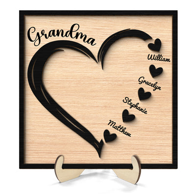 Grandma Mom Hearts With Kids Names Personalized 2-layer Wooden Plaque