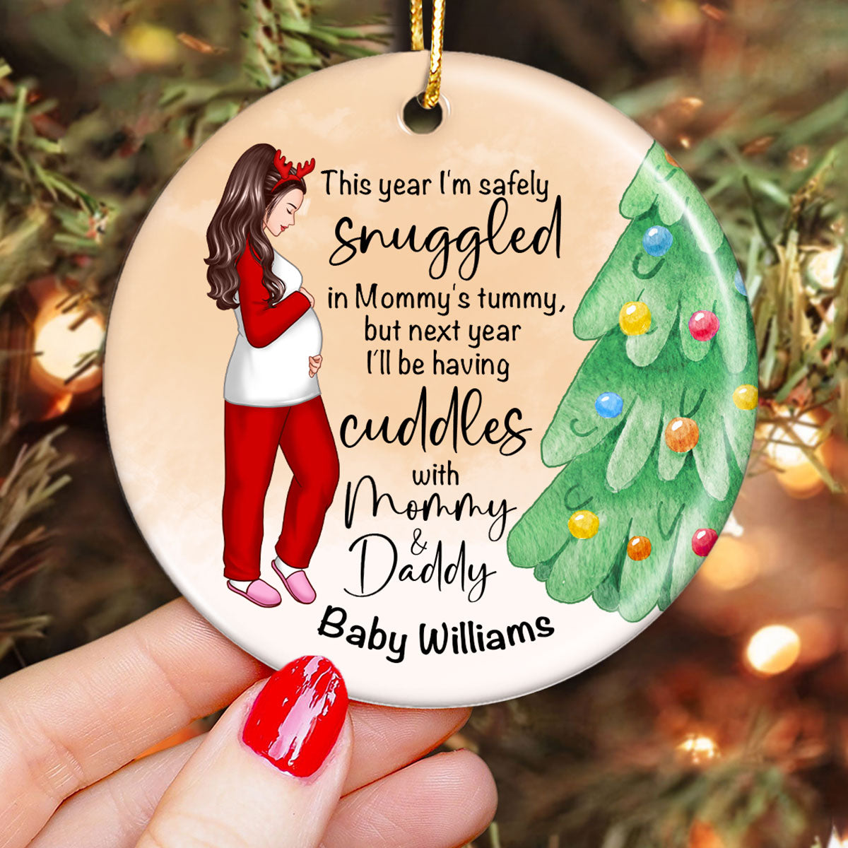 Bump Christmas, Pregnant Ornament, Snuggled in Mommy's Tummy, Personalized Circle Ceramic Ormament