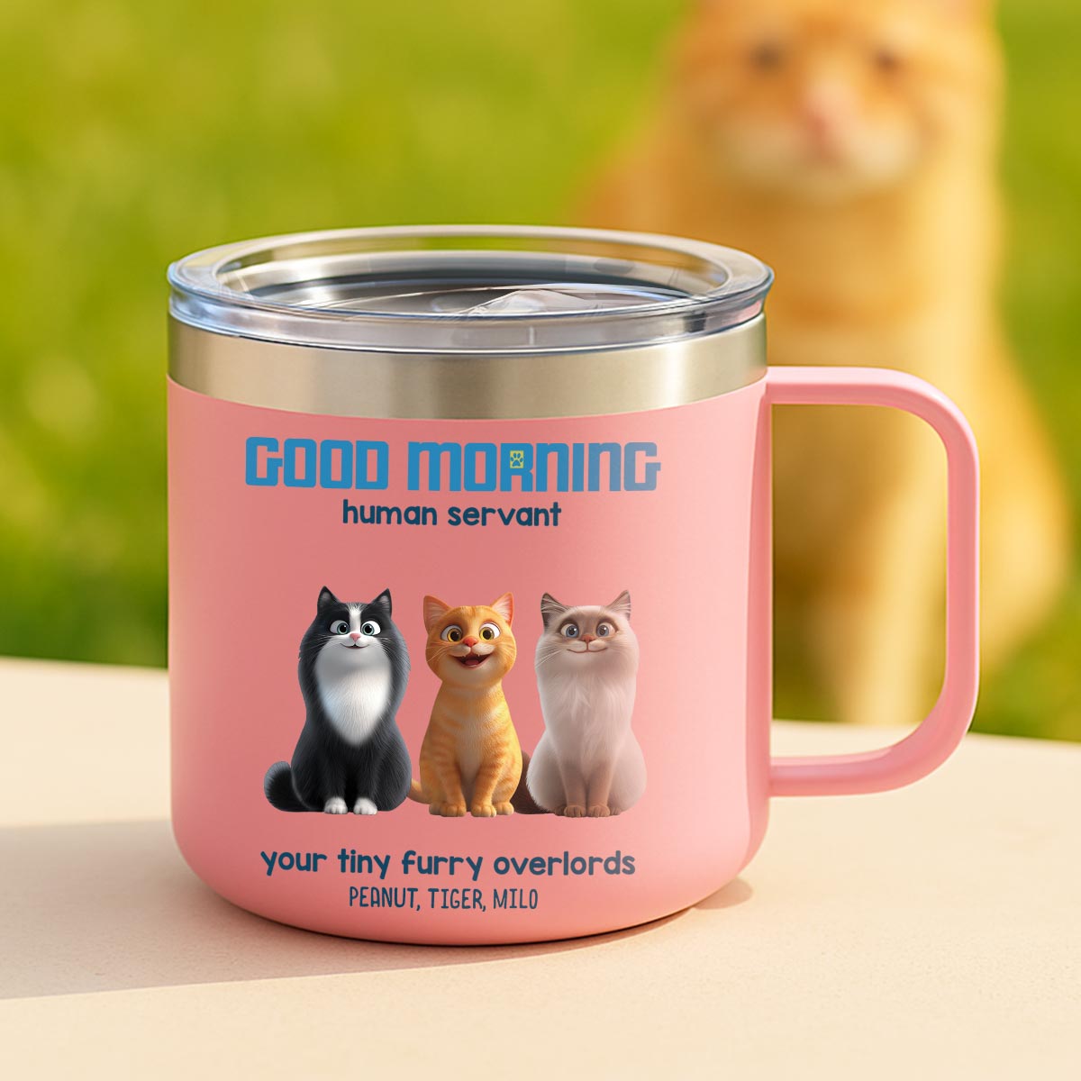 Good Morning Human Servant Personalized Stainless Steel Tumbler With Handle, Unique Gift for Cat Mom Cat Dad