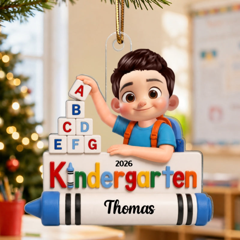 First Day of Kindergarten Boy Girl 2D Flat - Personalized Christmas Ornament - Back to School Keepsake for Kids