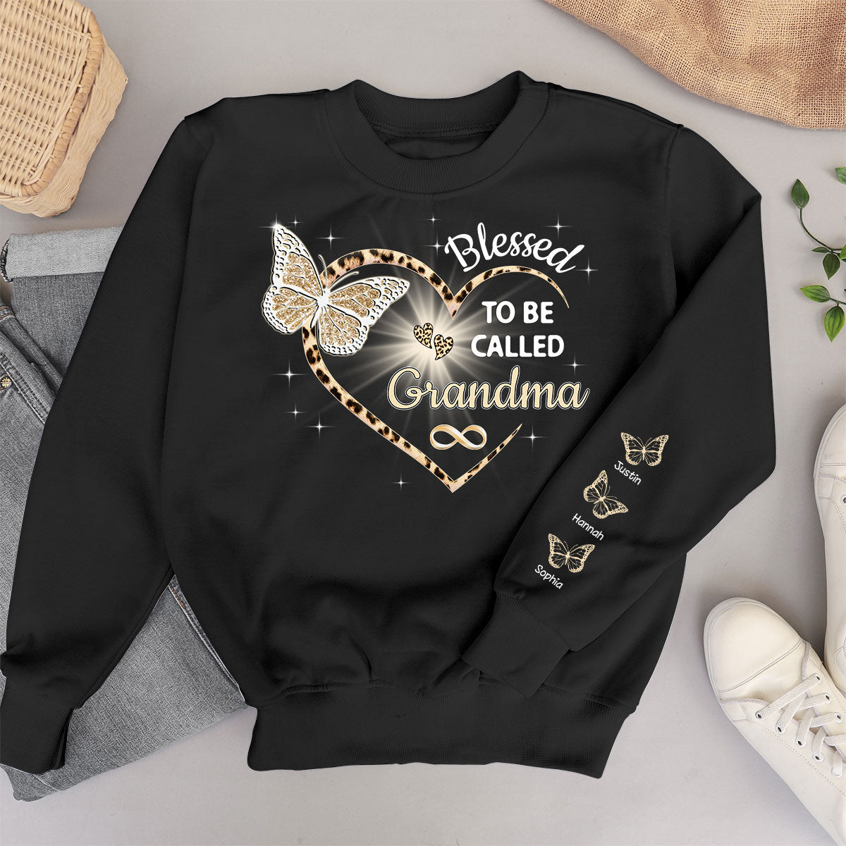 Blessed To Be Called Grandma Butterflies Heart Personalized Sleeve Printed Sweatshirt