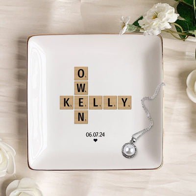 Couple Crossword Art - Created In A Moment Personalized Dish Jewelry, Gift for Her, Wedding Gift, Engagement Gift
