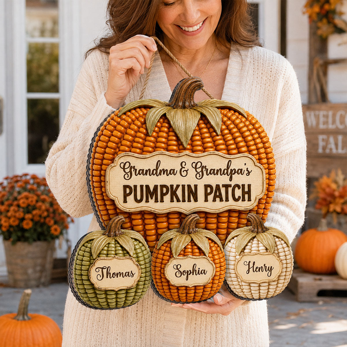 Cozy Warm Fall Season Grandpa Grandma Corn Pumpkin Patch - Personalized Wood Sign - Fall Decoration For Grandparents