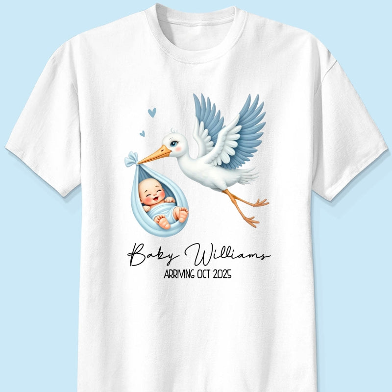 Cute Stork New Baby Personalized Shirt for New Mom, Pregnancy Announcement Gift for Her, Pregnancy Reveal Shirt