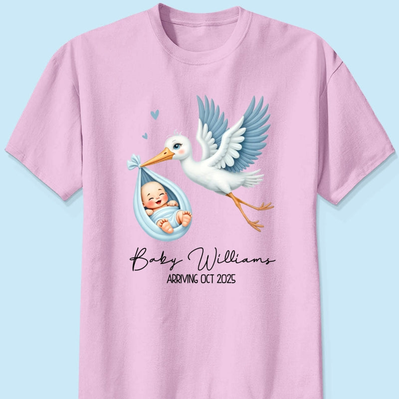 Cute Stork New Baby Personalized Shirt for New Mom, Pregnancy Announcement Gift for Her, Pregnancy Reveal Shirt