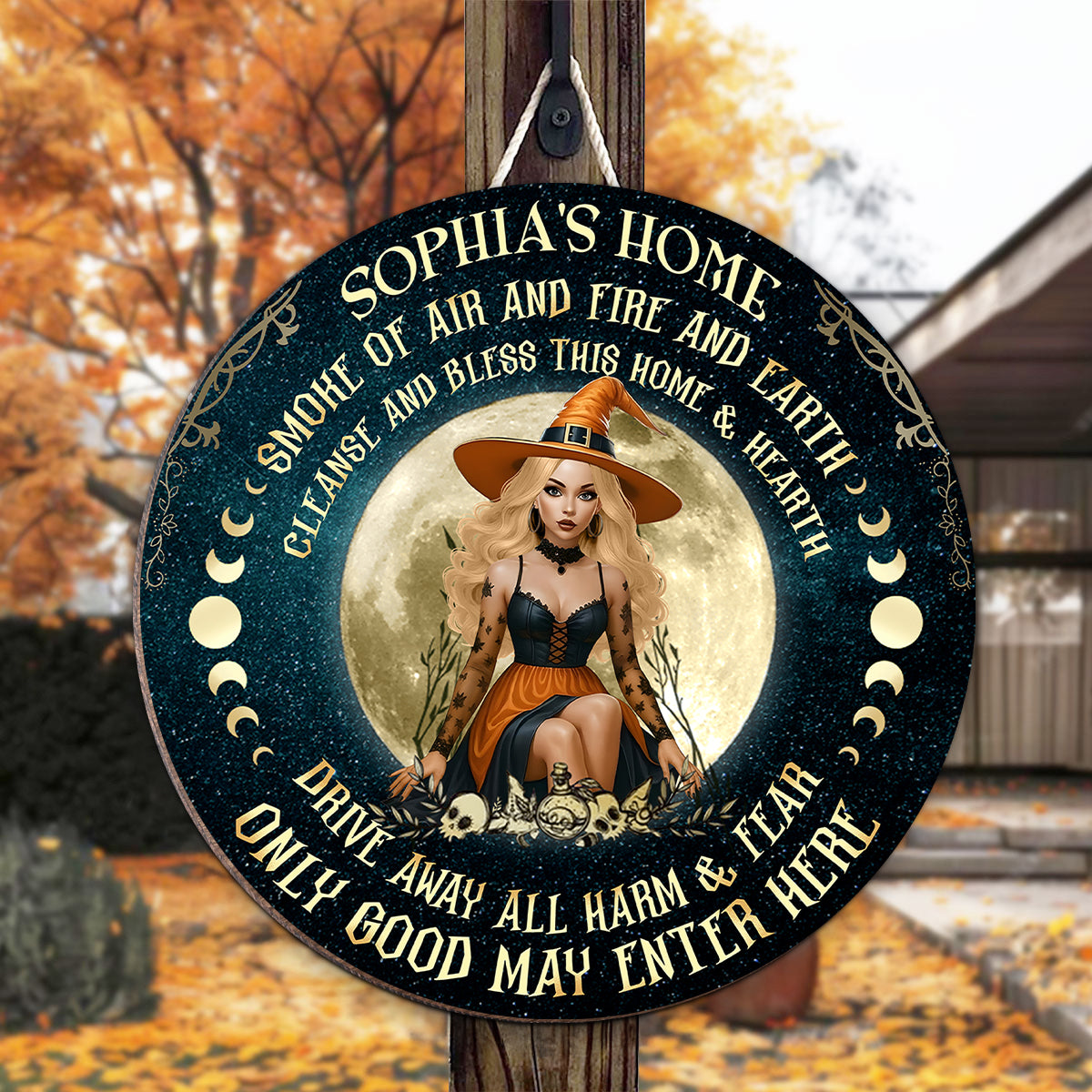 Home of Witch, Smoke of Air and Fire and Earth Personalized Wooden Door Sign, Halloween Decor