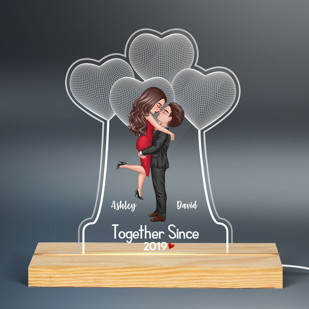 Kissing Couple Under 3D Heart Personalized Custom Shape Acrylic Plaque With LED Night Light - Anniversary Gift For Him - Gift For Her