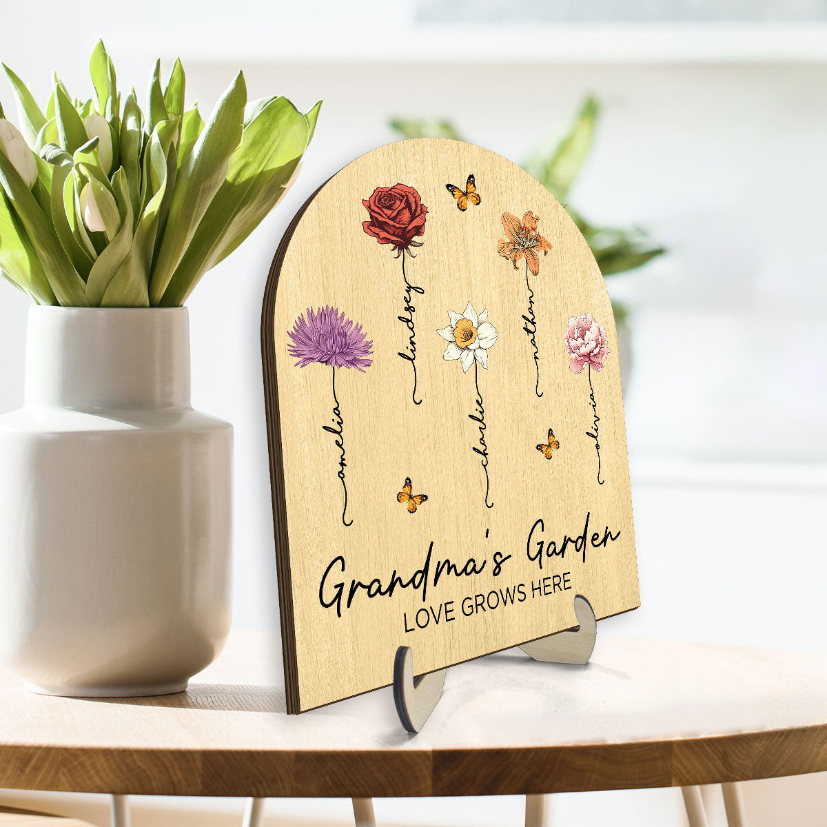 Grandma's Garden Beautiful Birth Month Flowers Dome Shaped Personalized Wooden Plaque