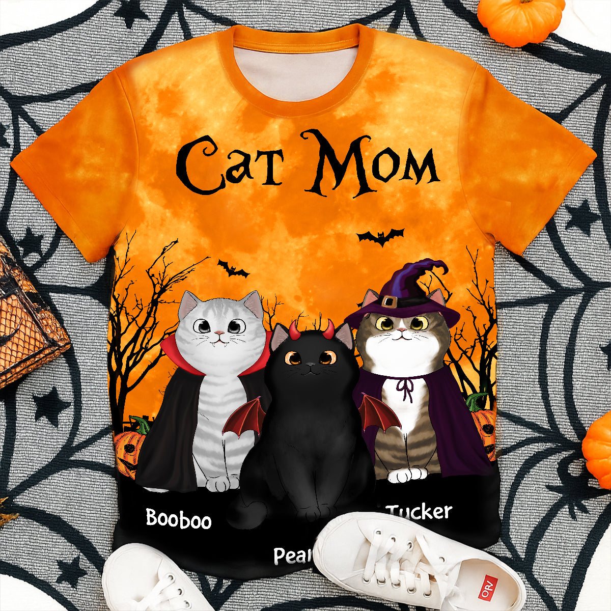 Cat Mom Halloween Moon Light Bat Tree Witchy Theme Personalized Shirt, Purrfect Costume for Cat Lover