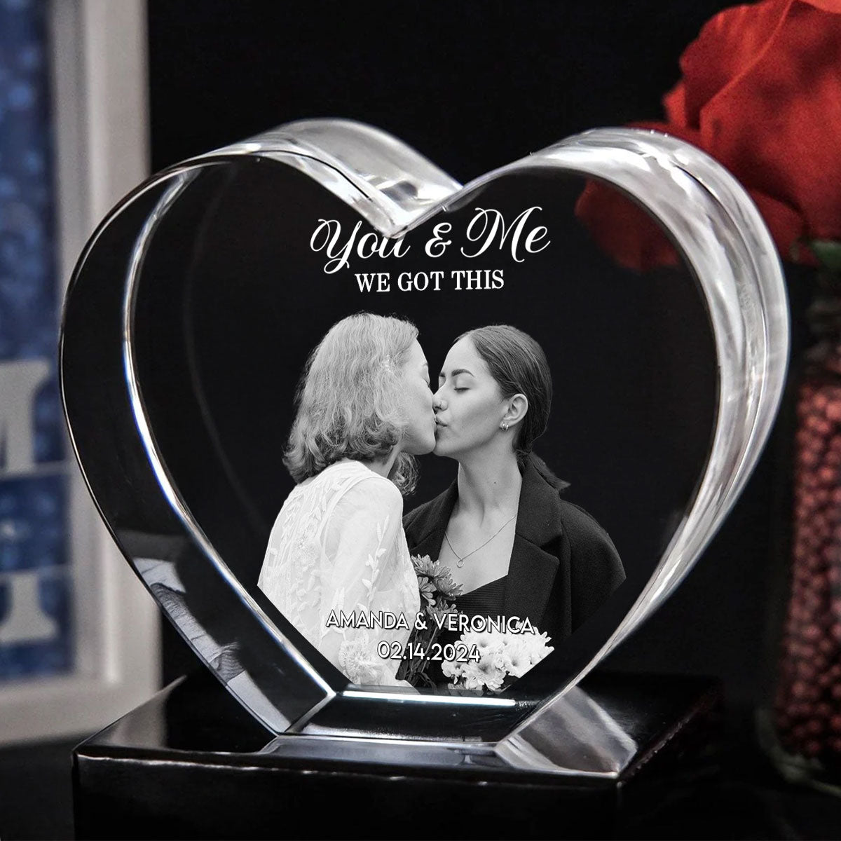 Couple 3D Upload Photo Premium Crystal Heart LED, Personalized Heart Crystal With LED Base Optional, Perfect Valentine's Gift For Couple, For Him, For Her, Free Delivery