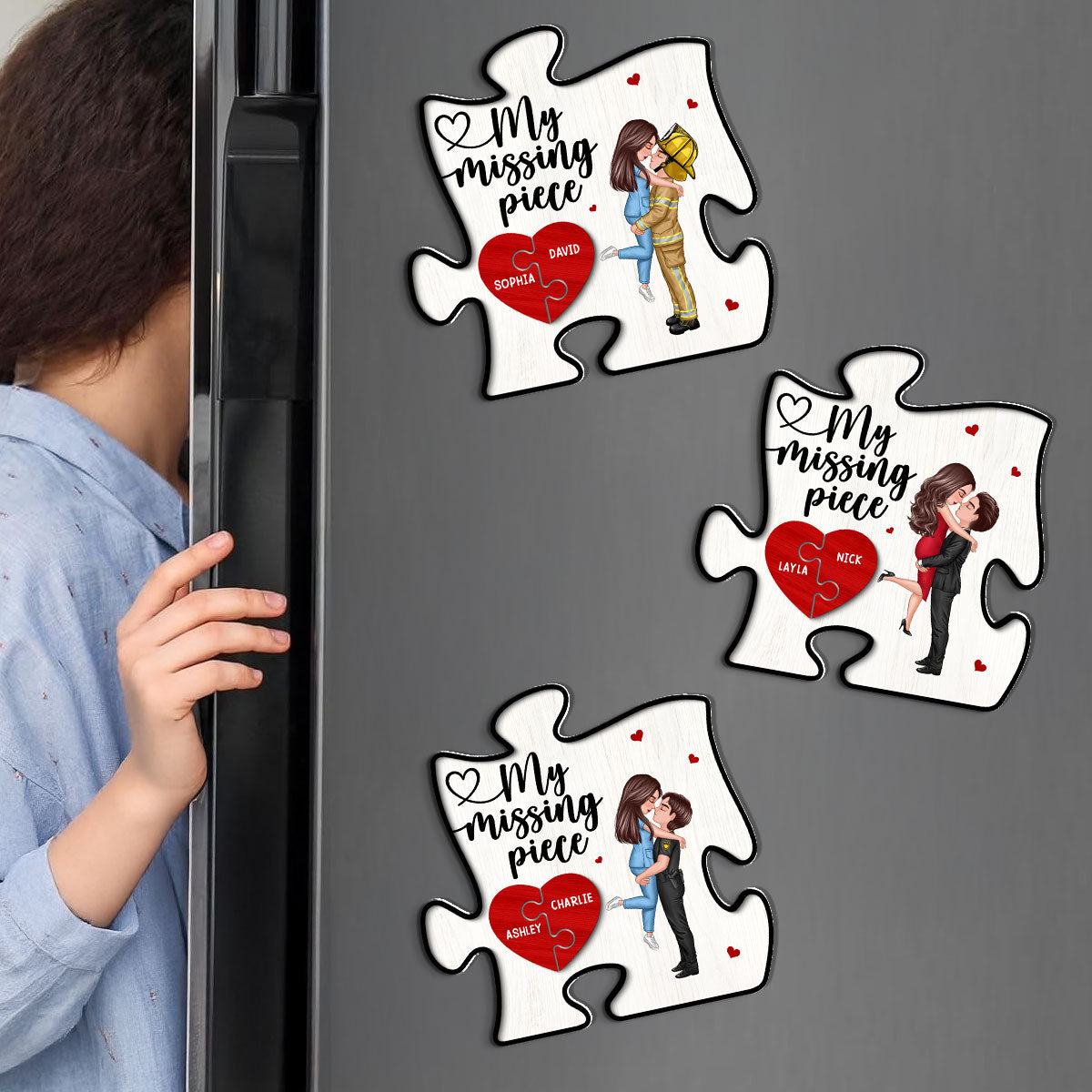 My Missing Piece Couple Hugging Kissing Puzzle Shaped Personalized Acrylic Fridge Magnet