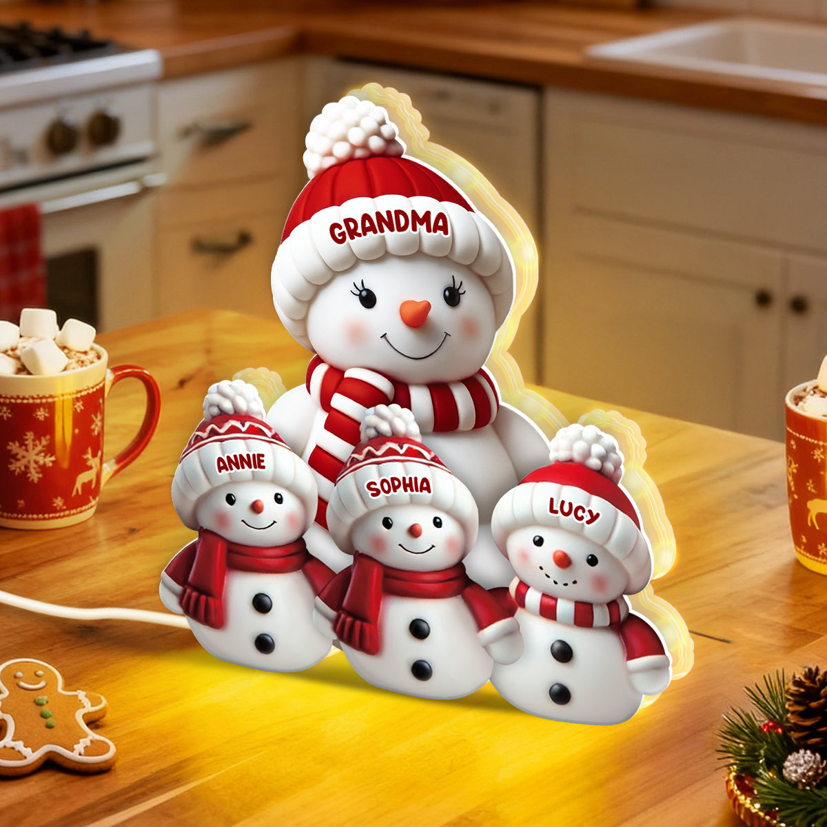3D Effect Cute Snowman Grandma & Grandkids - Personalized Light Box - Christmas Decor For Family, Grandma