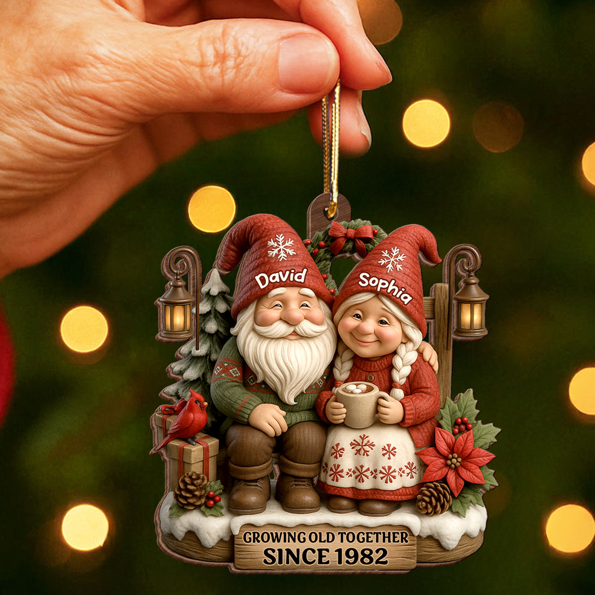Old Gnomes Couple Sharing Holiday Cheer Together - Personalized Wooden Ornament - Thoughtful & Heartfelt Christmas Gift for him, Gift for her