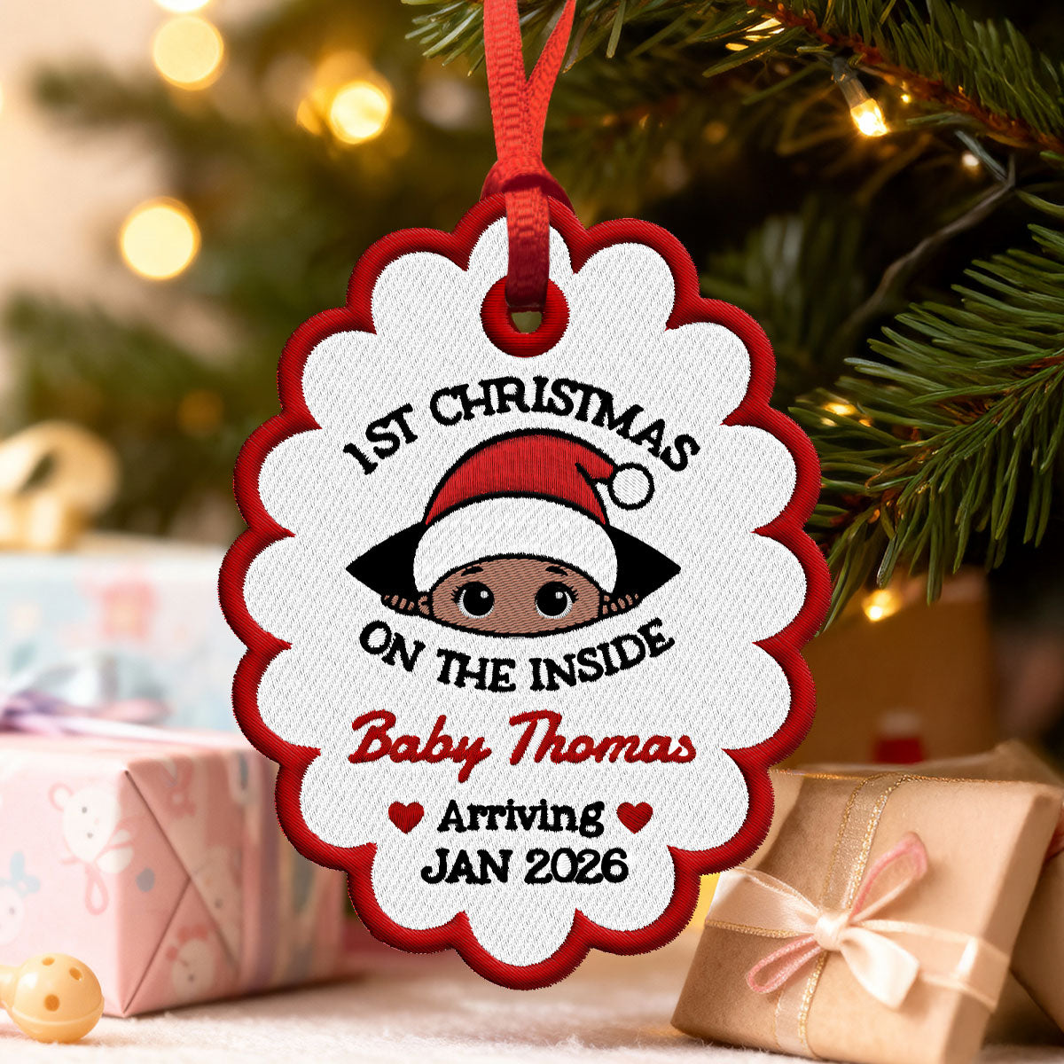 Baby 1st Christmas On The Inside - Personalized Embroidered Ornament - Custom Pregnancy Reveal Ornament, Expecting Parents