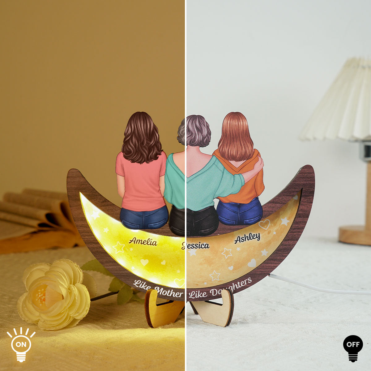 Mother Daughters Sitting On Moon Personalized 2-Layered Wooden Plaque With LED, Mother's Day gift for Mom for Daughters