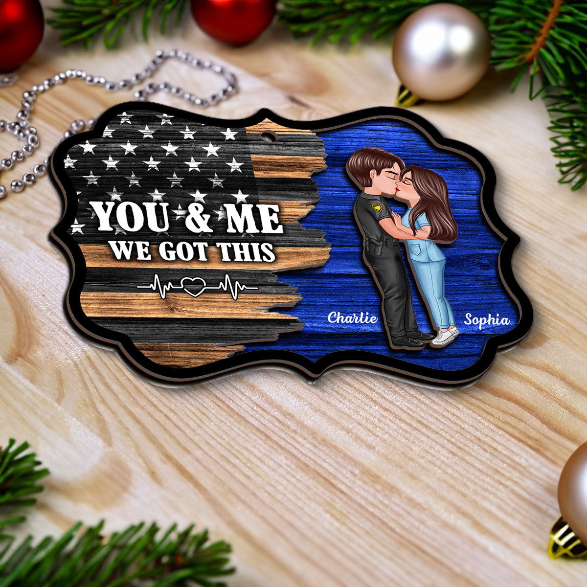 Hero Couple Kissing Half Flag Christmas Decor Gift Personalized 2-Layer Wooden Ornament