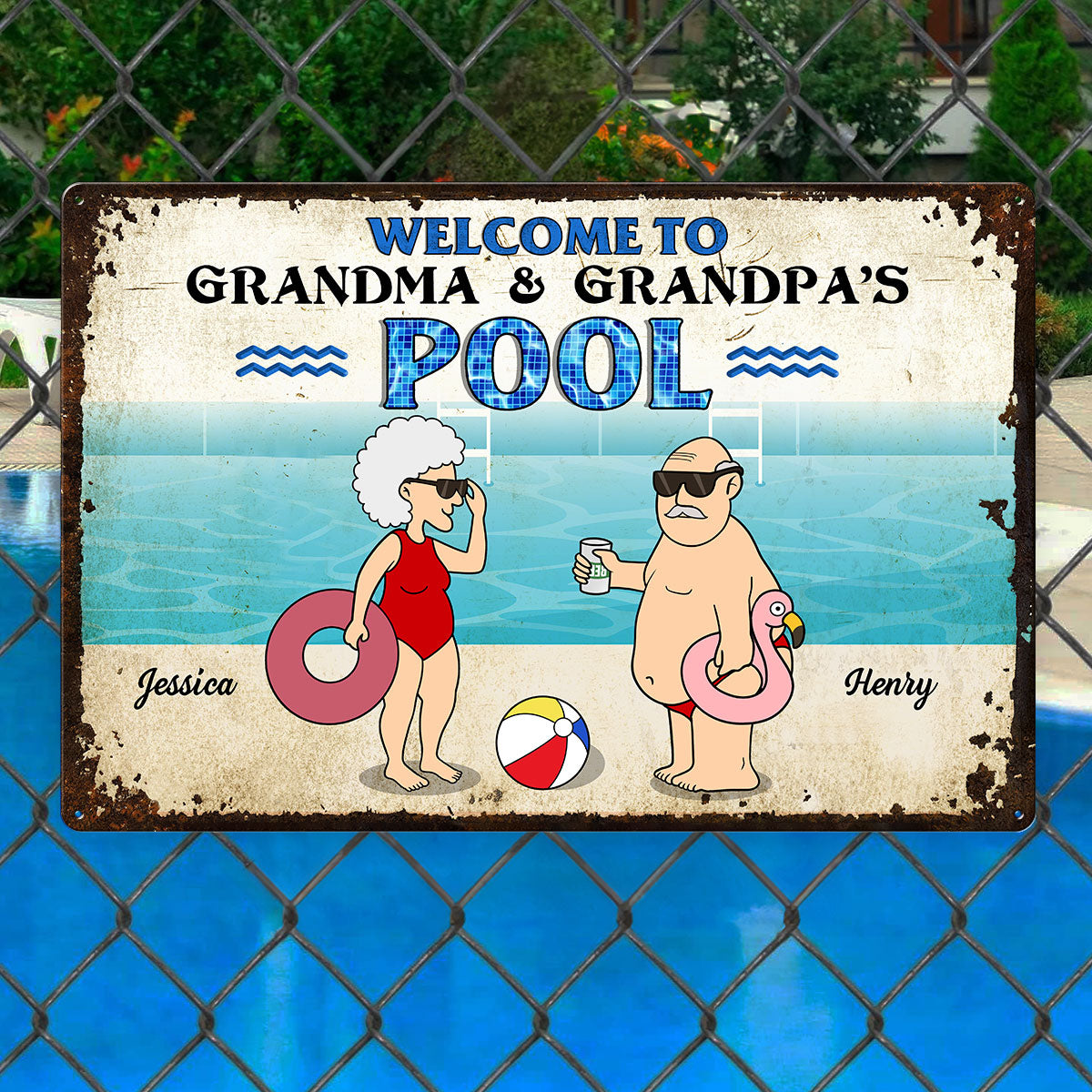 Welcome To Grandma Grandpa Pool, Funny Cartoon Personalized Metal Sign