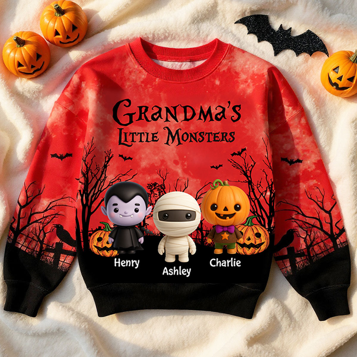 Grandma Mom Little Monsters Halloween Moon Light Bat Tree Personalized 3D Sweat Shirt, Purrfect Costume for Grandma