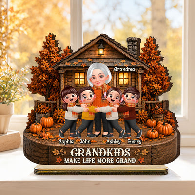 Grandma Grandkids Fall Season - Personalized 2-Layered Wooden Plaque - Gift For Wife, Grandmas