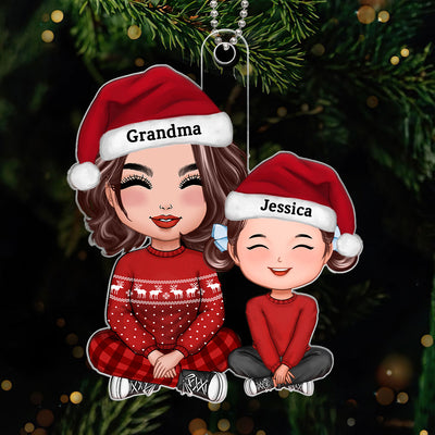 Cute Grandma Grandson Granddaughter Happy Face Crossed Legs Personalized Acrylic Ornament