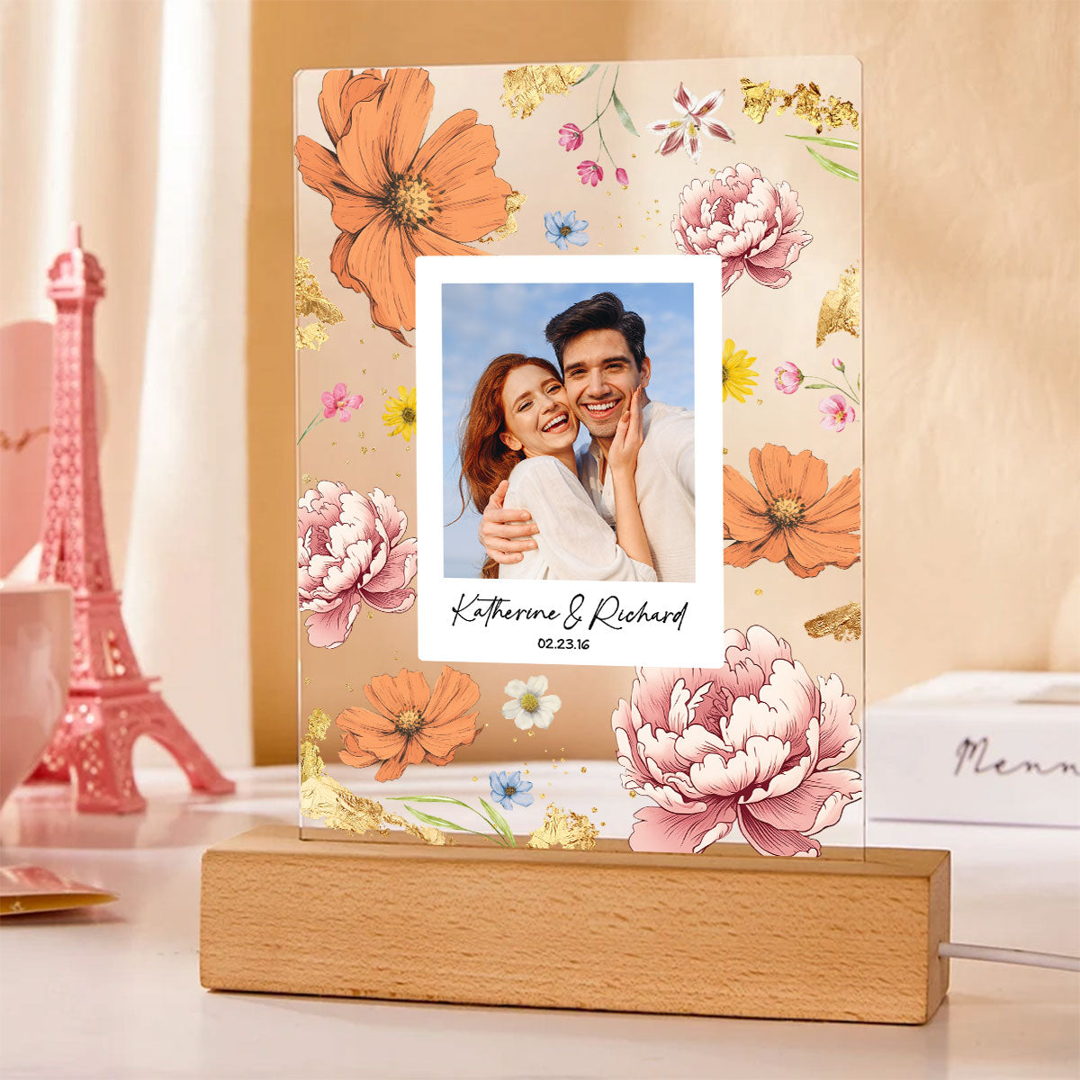 Couple Upload Photo Birth Month Flowers Personalized Acrylic LED Night Light, Anniversary Gift,  Gift