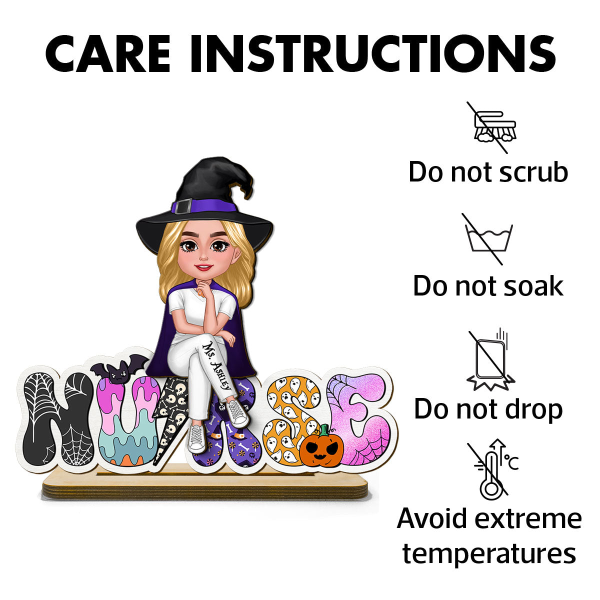 Nurse Sitting Halloween Pattern Personalized Standing Wooden Plaque