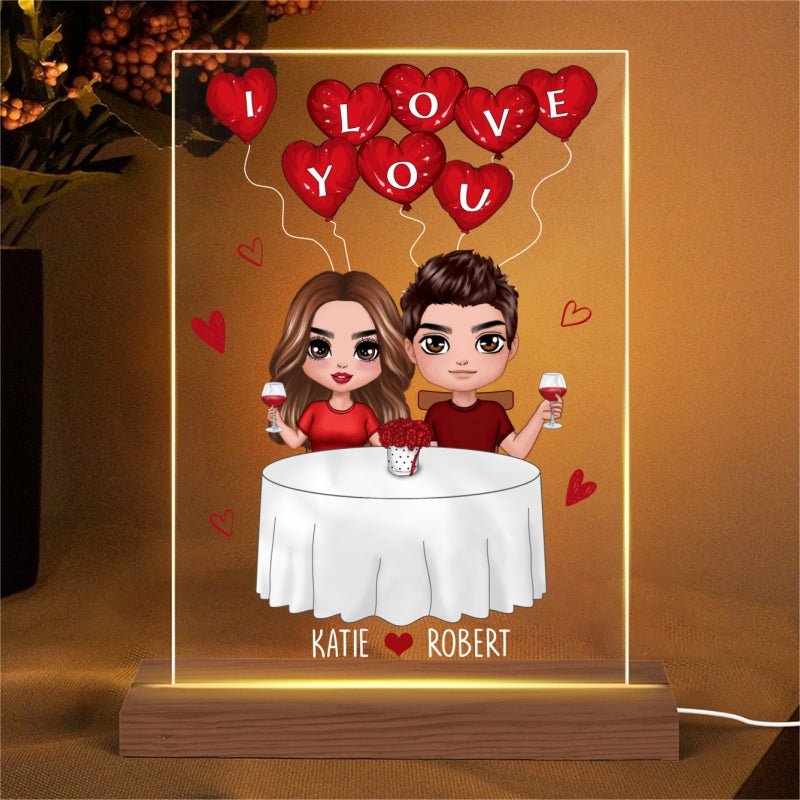 Doll Couple Sitting At Table Personalized Plaque LED Night Light - Gift For Him Gift For Her
