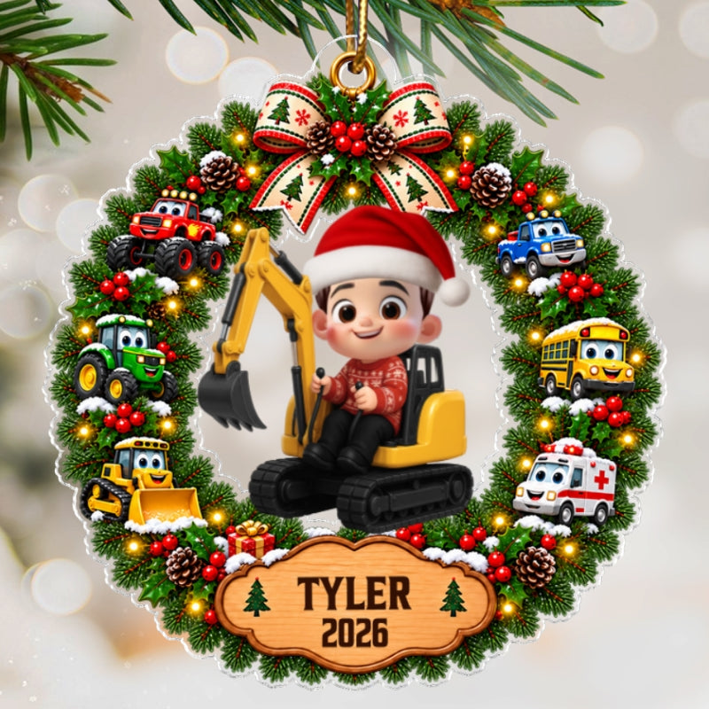 Little Boy Kid With Excavator - Personalized Acrylic Ornament - Christmas Gift For Grandkids